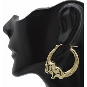 Real 10K Yellow Gold 30mm Lucky Elephant Shape Diamond Cut Hoop Earrings 2.9gr